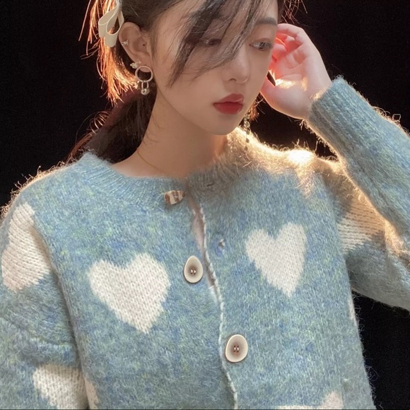 Cardigan sweater heart blue knit button womens winter thick sweater Long sleeve - Picture 4 of 9